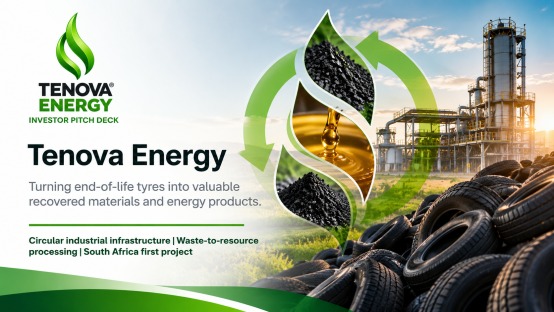 Cover of the Tenova Energy investor pitch deck, showing recovered carbon black and pyrolysis oil alongside the Tenova Energy brand mark.