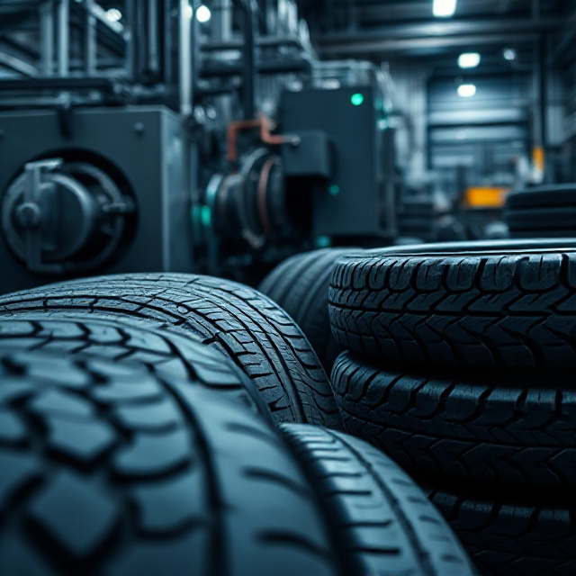 End-of-life tyres beside industrial processing equipment